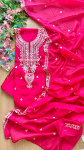 Mul Chanderi Thread Embroidered Unstitched Suit Set