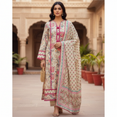 Cotton Pakistani Style Un-Stitched Suit with Crochet Lacing & Printed Dupatta