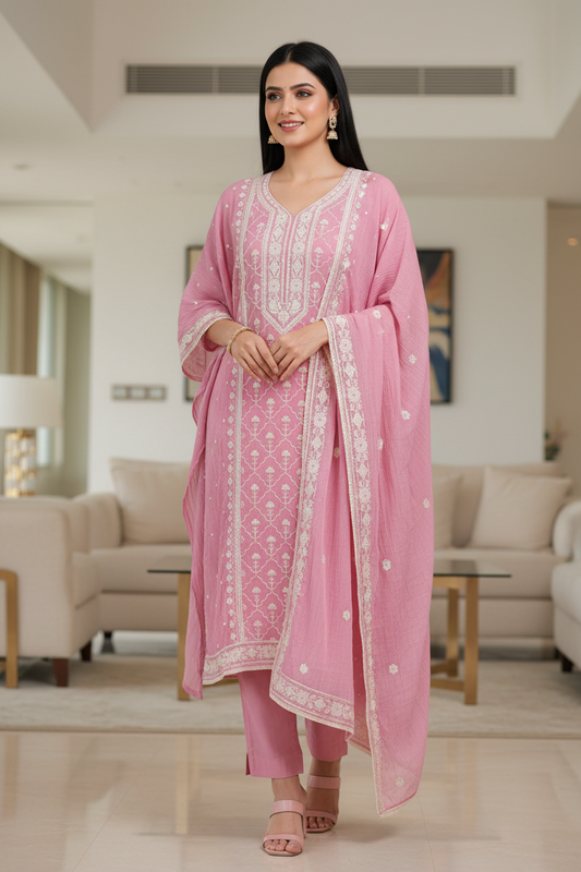 Mul Cotton Lucknowi Embroidered Un-Stitched Suit mul cotton dupatta with lucknowi