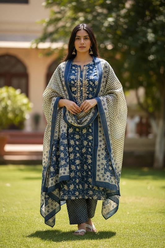 Cotton Printed Fully Stitched 3-Piece Suit with Mirror Work & Mul Cotton Dupatta