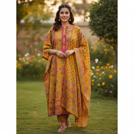 Cotton Pakistani Style Un-Stitched Suit with Crochet Lacing & Printed Dupatta