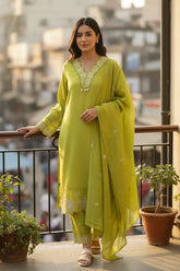 Elegant muslin Embroidered Suit with Crochet Lacing Detailing