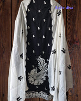 Cotton Parsi Embroidery Unstitched Suit with Mul Cotton Scalloped Edges Dupatta
