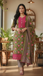 Cotton Pakistani Style Printed Unstitched Suit With Crochet Lacing Dupatta