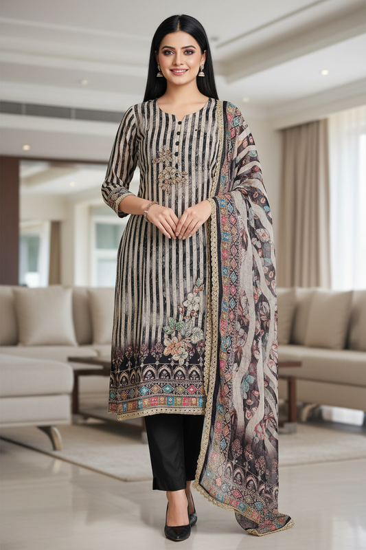 Organza Digital Print Suit with Highlighting Work & Chiffon Dupatta (Unstitched)