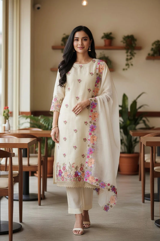 Elegant Tissue Suit with 3D Parsi Embroidery & Organza Dupatta