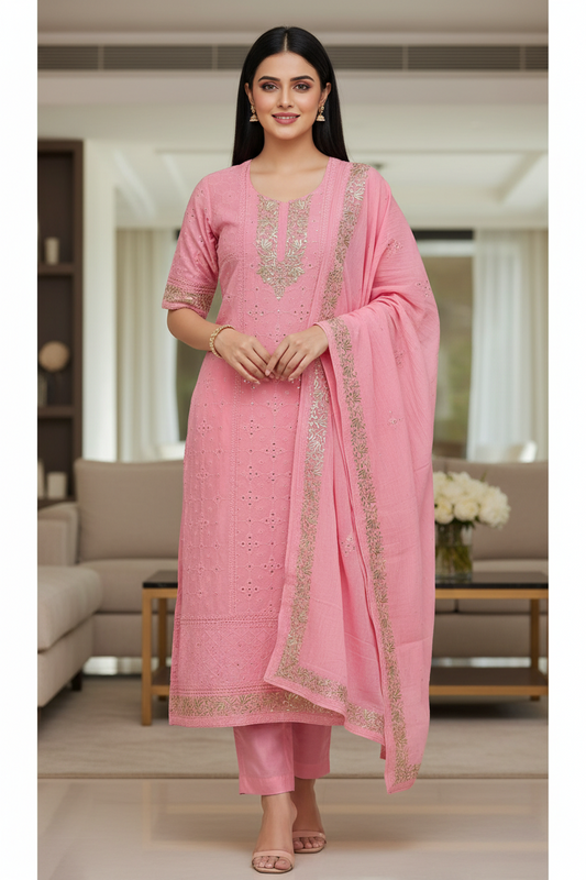 Mul Cotton Parsi Embroidered Unstitched Suit with Pita Work Dupatta