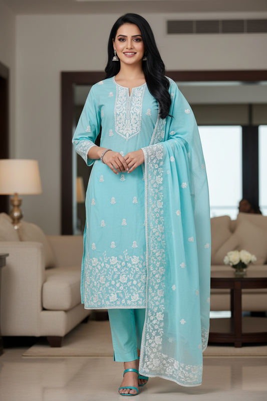 Mul Cotton Lucknowi Embroidered Un-Stitched Suit mul cotton dupatta with lucknowi embroidery