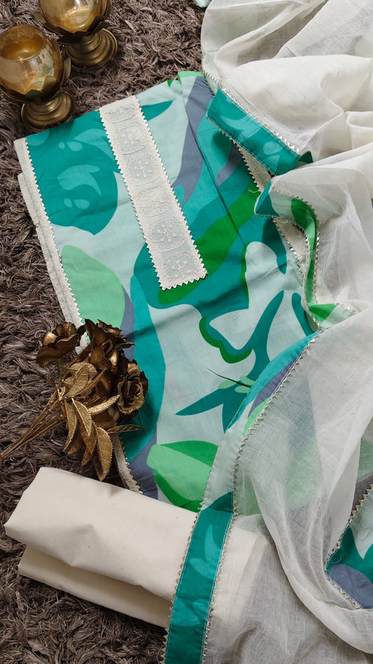 Pakistani Cotton Un STITCHED SUIT -GREEN MULTI-COLOR