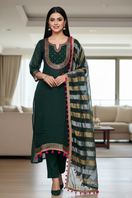 Organza Sequence Work Suit with Tissue Pom Pom Dupatta