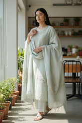 Designer Linen Shimmer Weaves Applique Work Unstitched Suit with Linen Dupatta