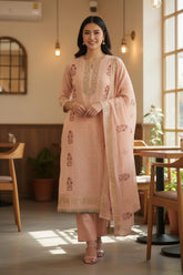 Crush Mul Cotton Block Print Unstitched Suit with Pita Embroidery Detailing