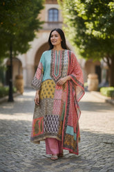 Crepe Semi-Stiched Suit with Mirror Highlighting & Zari Lacing