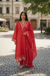 Elegant Modal Embroidered Suit with Crochet Lacing Detailing