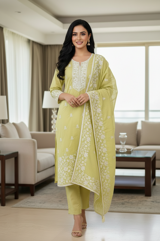 Mul Cotton Lucknowi Embroidered Un-Stitched Suit mul cotton dupatta with lucknowi embroidery