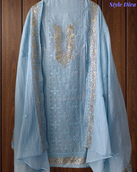 Mul Cotton Parsi Embroidered Unstitched Suit with Pita Work Dupatta