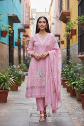 Cotton Khadi Pakistani Style Semi-Stitched Suit with Crochet Lacing & Faux Mirror Work