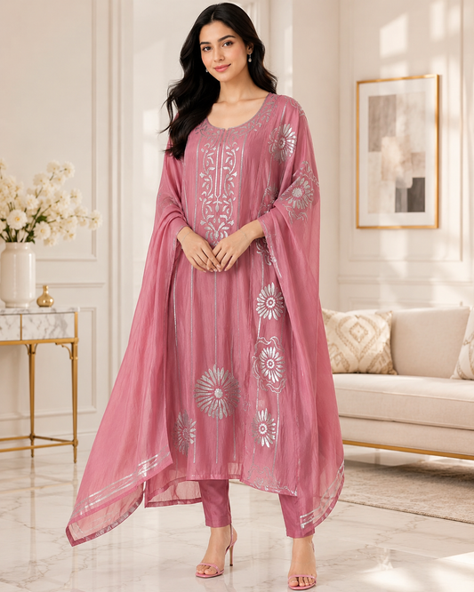 Mul Cotton Faux Leather Work Unstitched Festive Suit Set with Dupatta