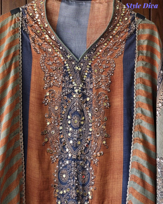 SD1241 - Crepe Unstitched Suit with Mirror Highlighting, Digital Printed Kurta & Matching Border Dupatta