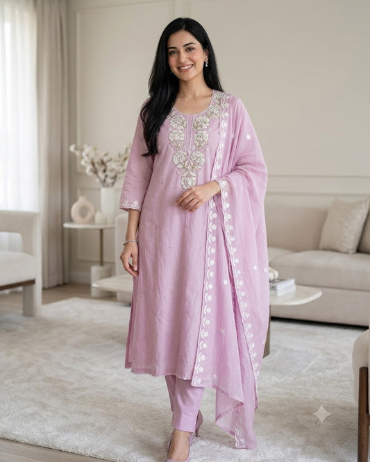Mul Cotton Pearl & Sequin Work Unstitched Suit with Embroidered Dupatta