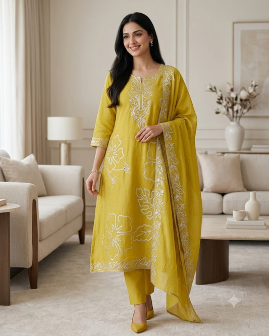 Mul Cotton Faux Leather Work Unstitched Suit Set for Women | Festive & Party Wear