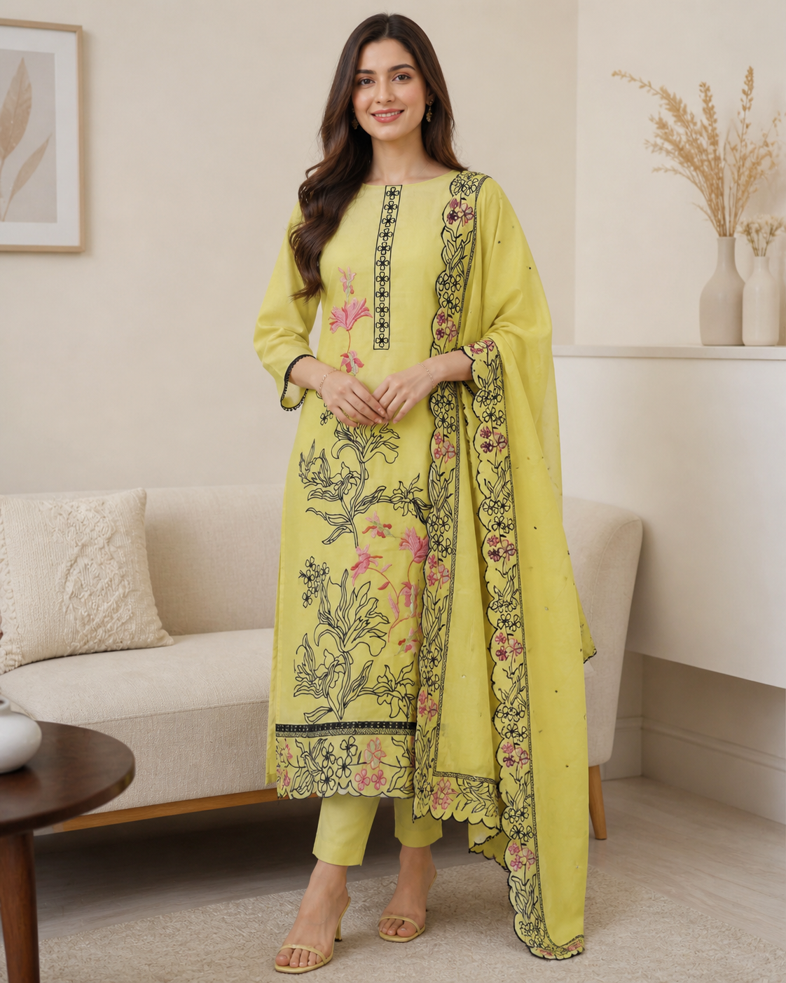 Mul Cotton Embroidered Unstitched Suit with Pearl Highlighting Dupatta
