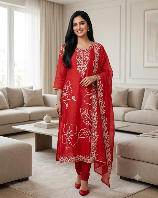 (RUST COLOR)- Mul Cotton Faux Leather Work Unstitched Suit Set for Women | Festive & Party Wear