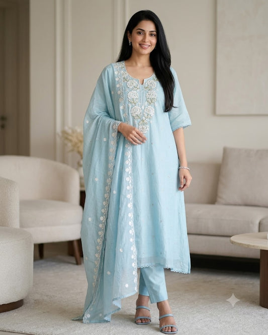 Mul Cotton Pearl & Sequin Work Unstitched Suit with Embroidered Dupatta