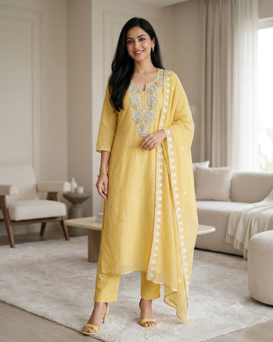 Mul Cotton Pearl & Sequin Work Unstitched Suit with Embroidered Dupatta