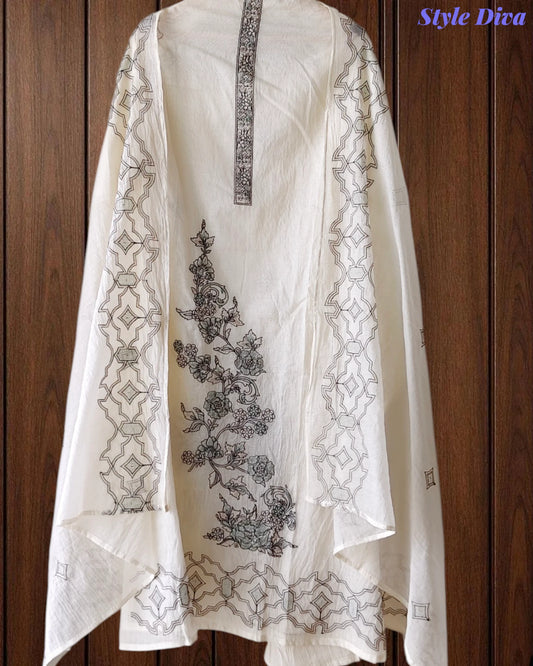 Mul Cotton Lucknowi Embroidered Un-Stitched Suit with Embroidered Dupatta