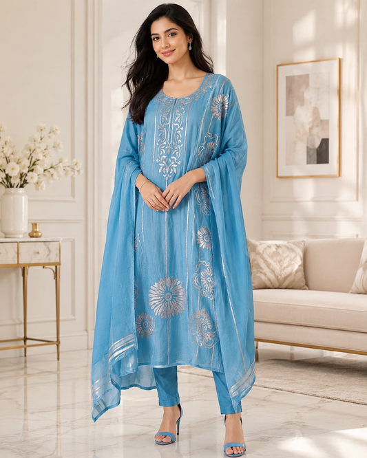 Mul Cotton Faux Leather Work Unstitched Festive Suit Set with Dupatta