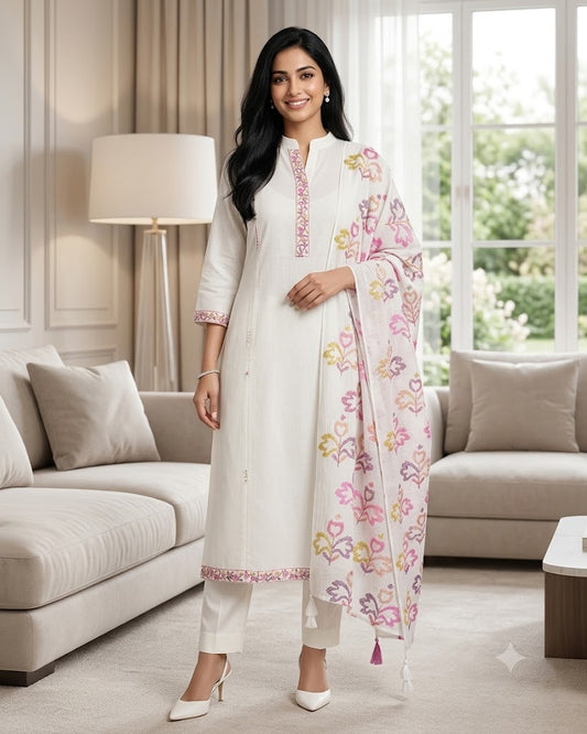 Mul Cotton Neck & Daman Embroidered Unstitched Suit with Designer Embroidered Dupatta