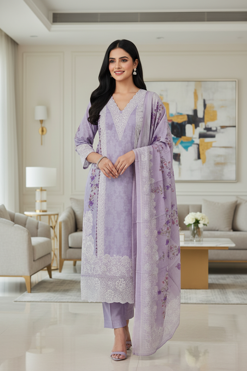 Soft Cotton Digital Print Suit with Daman Lacing & Pearl Highlights