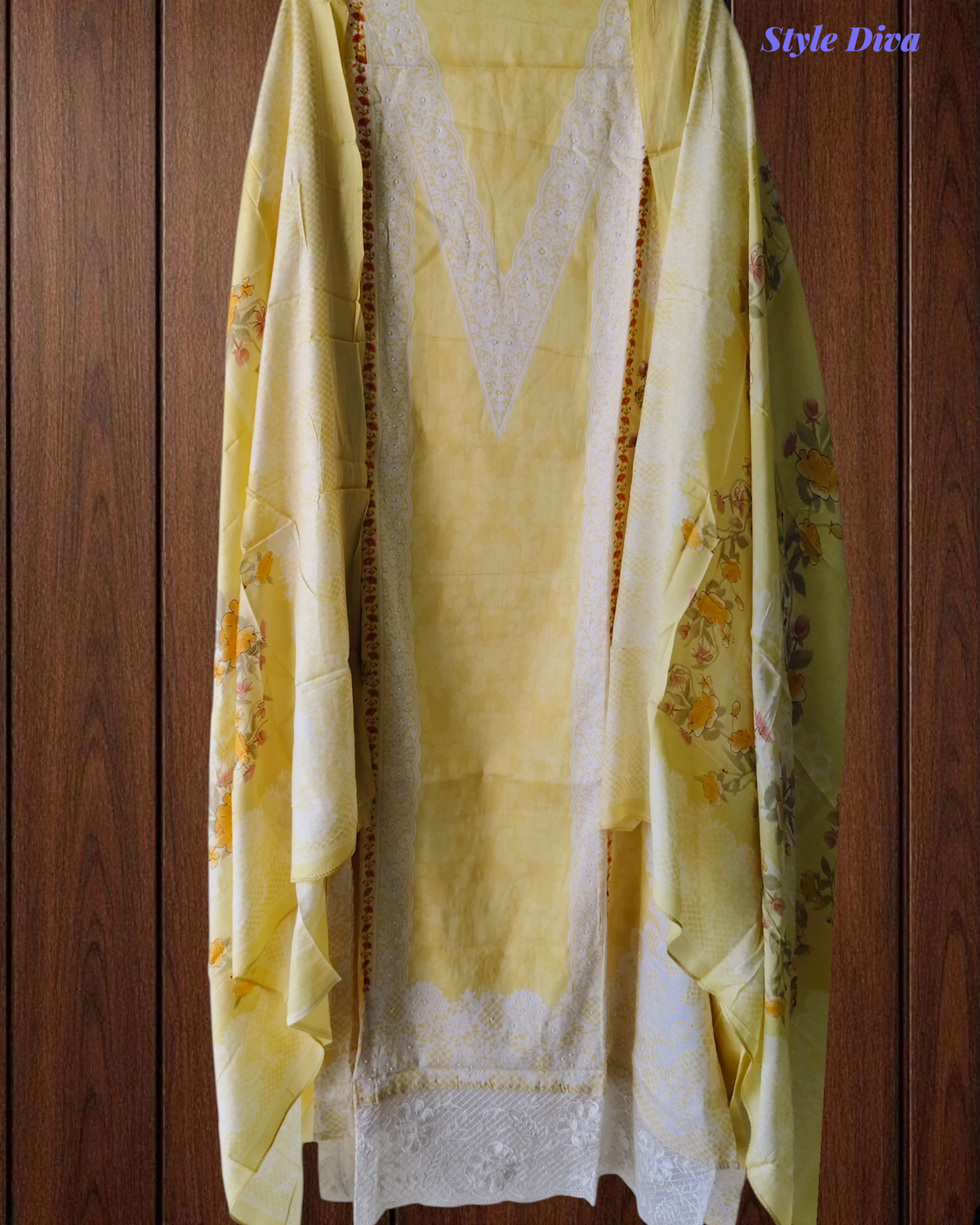 Soft Cotton Digital Print Suit with Daman Lacing & Pearl Highlights