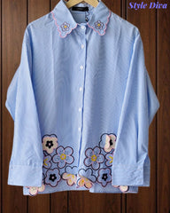 Women Casual Striped Floral 3D Embroidery Korean Shirt – Pure Cotton Regular Fit Top