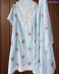 (LIGHT BLUE)-Mul Cotton Neck Embroidered Unstitched Suit with Cross Stitch Work Dupatta