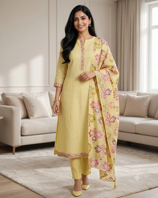 Mul Cotton Neck & Daman Embroidered Unstitched Suit with Designer Embroidered Dupatta