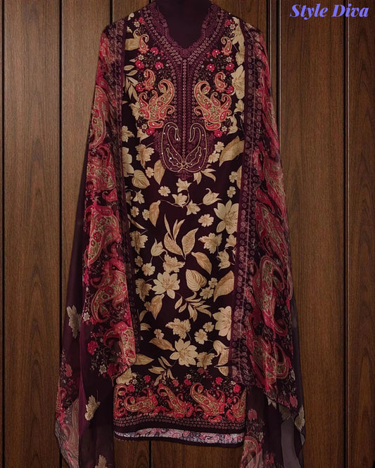 Cotton Digital Printed Unstitched Suit with Chiffon Dupatta With High-Lighting Work