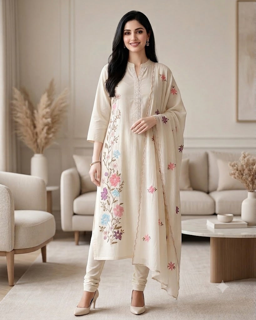 Mul Cotton Embroidered Unstitched Suit With Crochet Lacing & Colorful Scalloped Dupatta