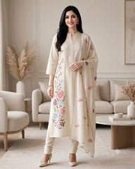 Mul Cotton Embroidered Unstitched Suit With Crochet Lacing & Colorful Scalloped Dupatta