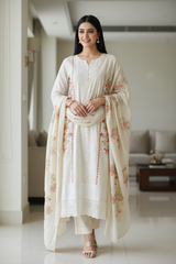 Soft Cotton Digital Print Suit with Daman Lacing & Pearl Highlights