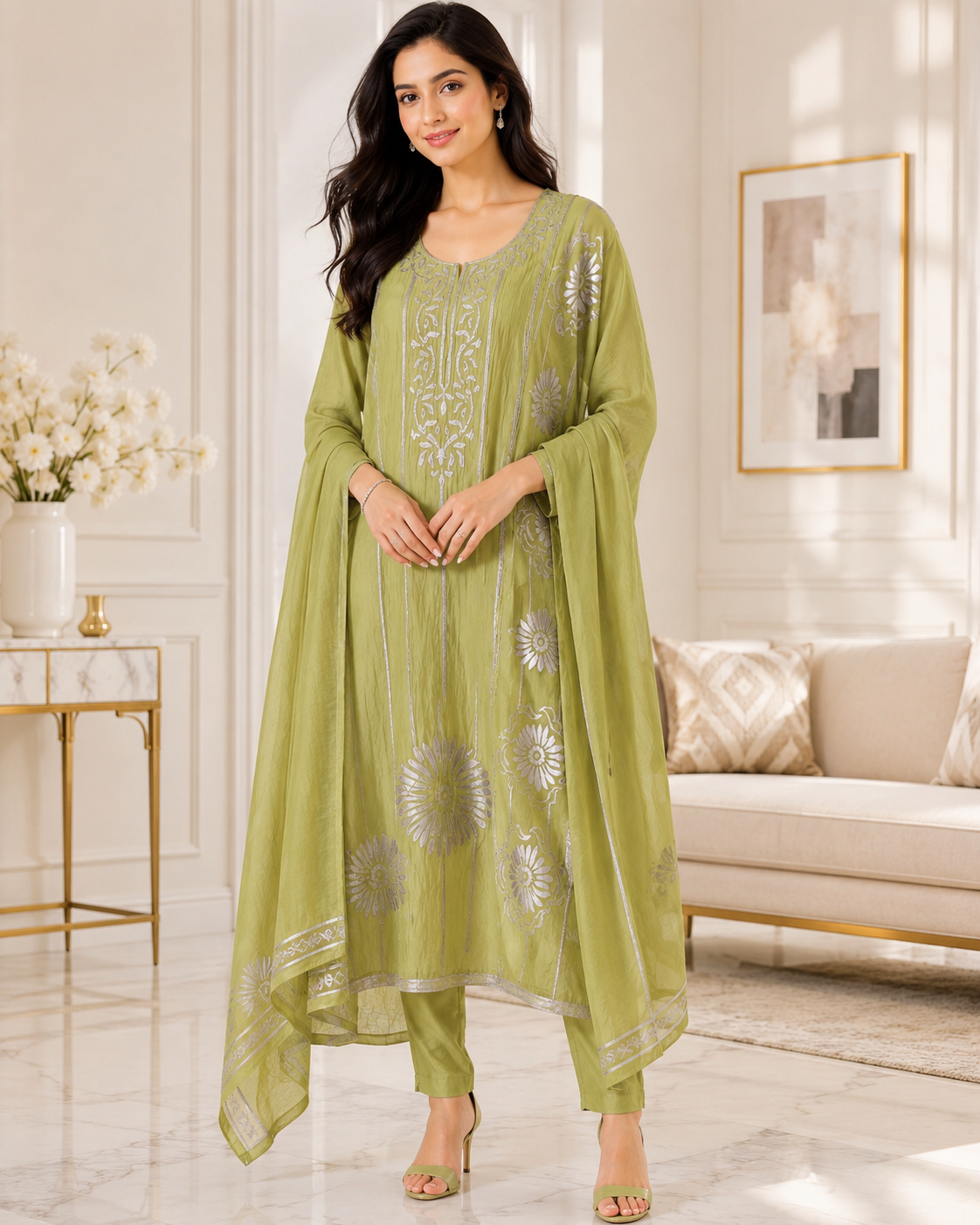 Mul Cotton Faux Leather Work Unstitched Festive Suit Set with Dupatta