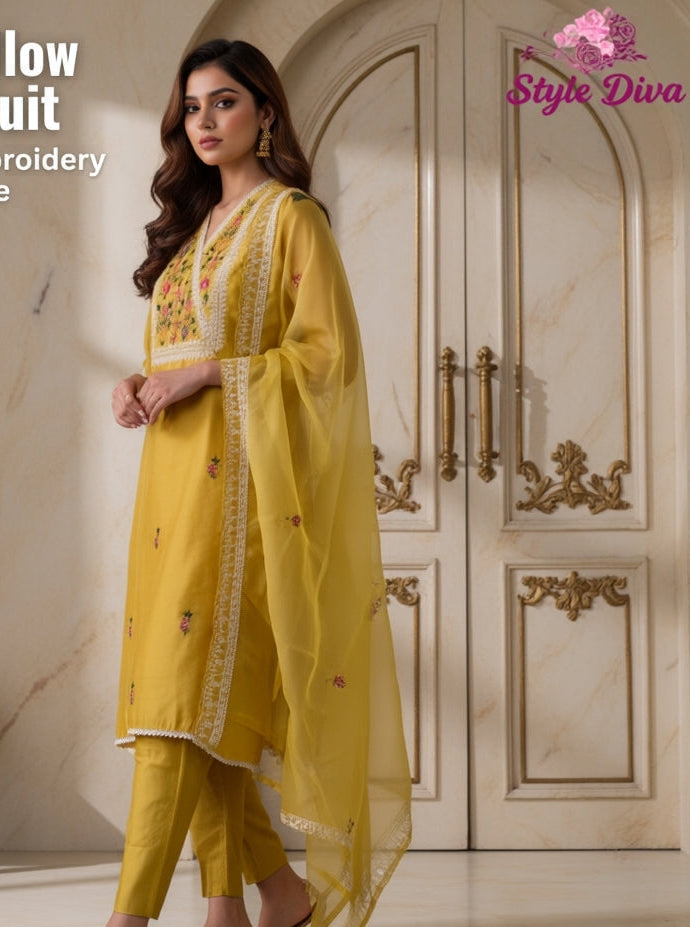 Graceful Modal Kurta Suit with Aari Work & Scalloped Organza Dupatta