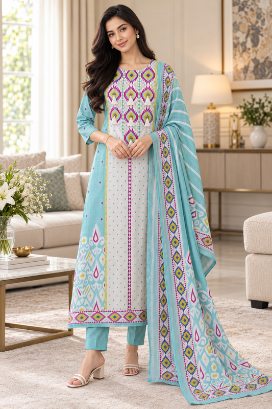 SD1118 -Linen Cotton Digital Printed Unstitched Suit with Mirror Work, Pearl Highlighting & Dupatta