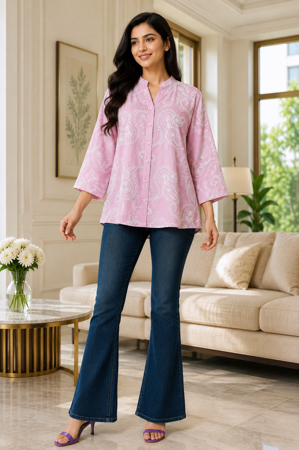 Premium Viscose Rayon 3D Embroidered Paisley Shirt | Comfort Fit | Mandarin Collar | 3/4 Sleeves