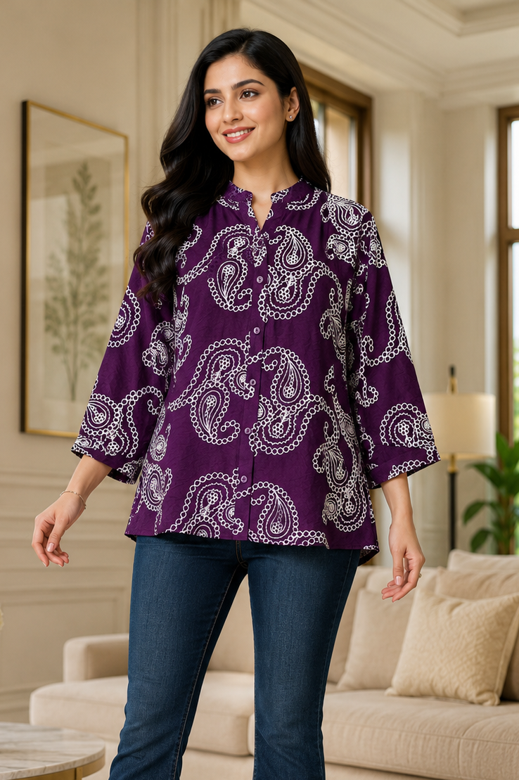Premium Viscose Rayon 3D Embroidered Paisley Shirt | Comfort Fit | Mandarin Collar | 3/4 Sleeves