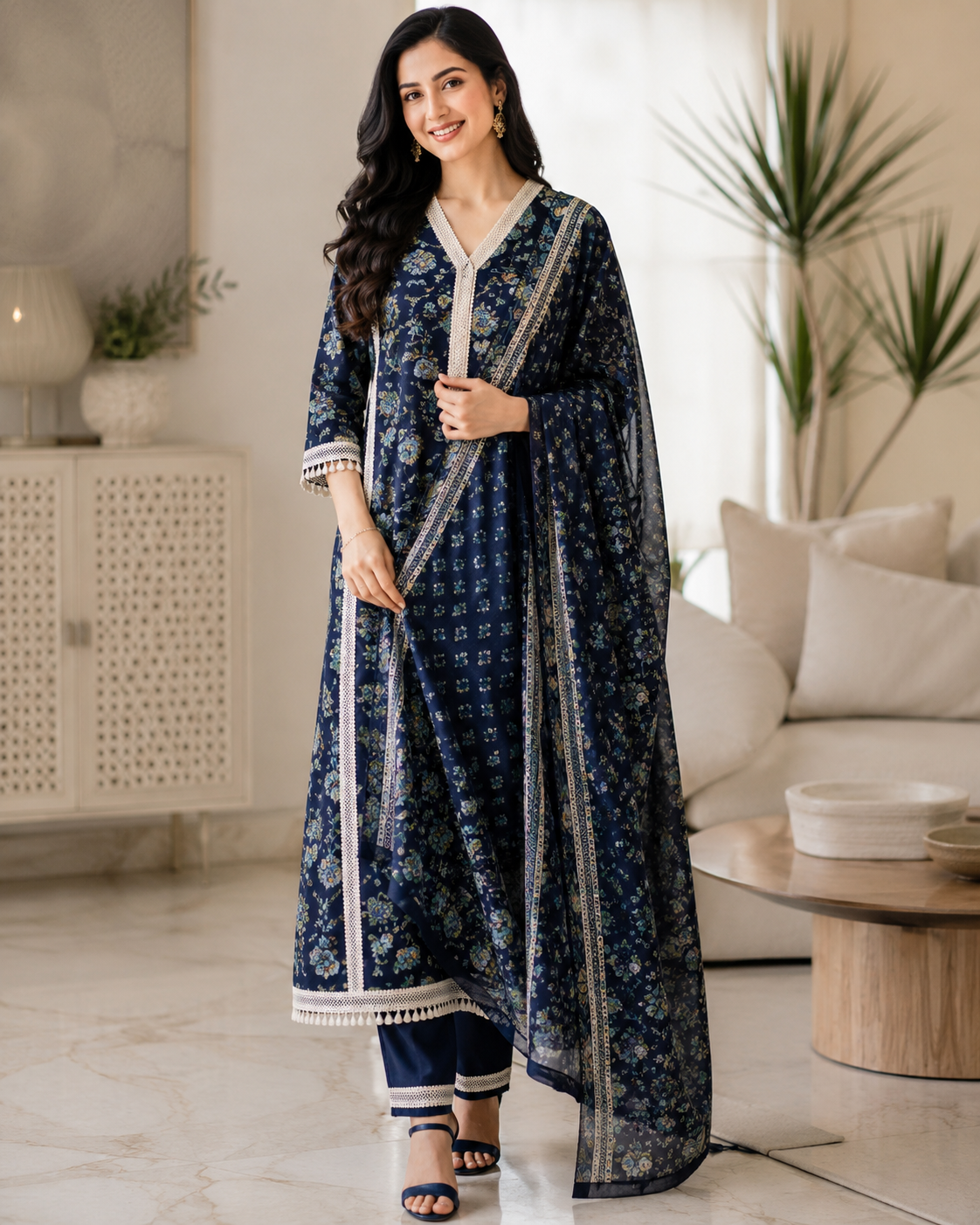 Cotton Pakistani Style Printed Unstitched Suit With Crochet Lacing & Printed Dupatta