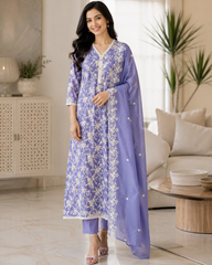 Mul Cotton Pakistani Style Embroidered Unstitched Suit With Crochet Lacing & Scalloped Dupatta