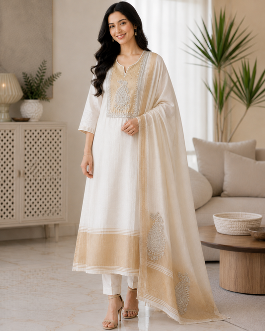 Jamdani Cotton Banarsi Weaving Unstitched Suit With Sequin Work & Golden Border Dupatta