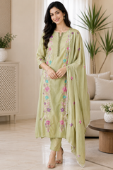 Mul Cotton Embroidered Unstitched Suit With Crochet Lacing & Colorful Scalloped Dupatta